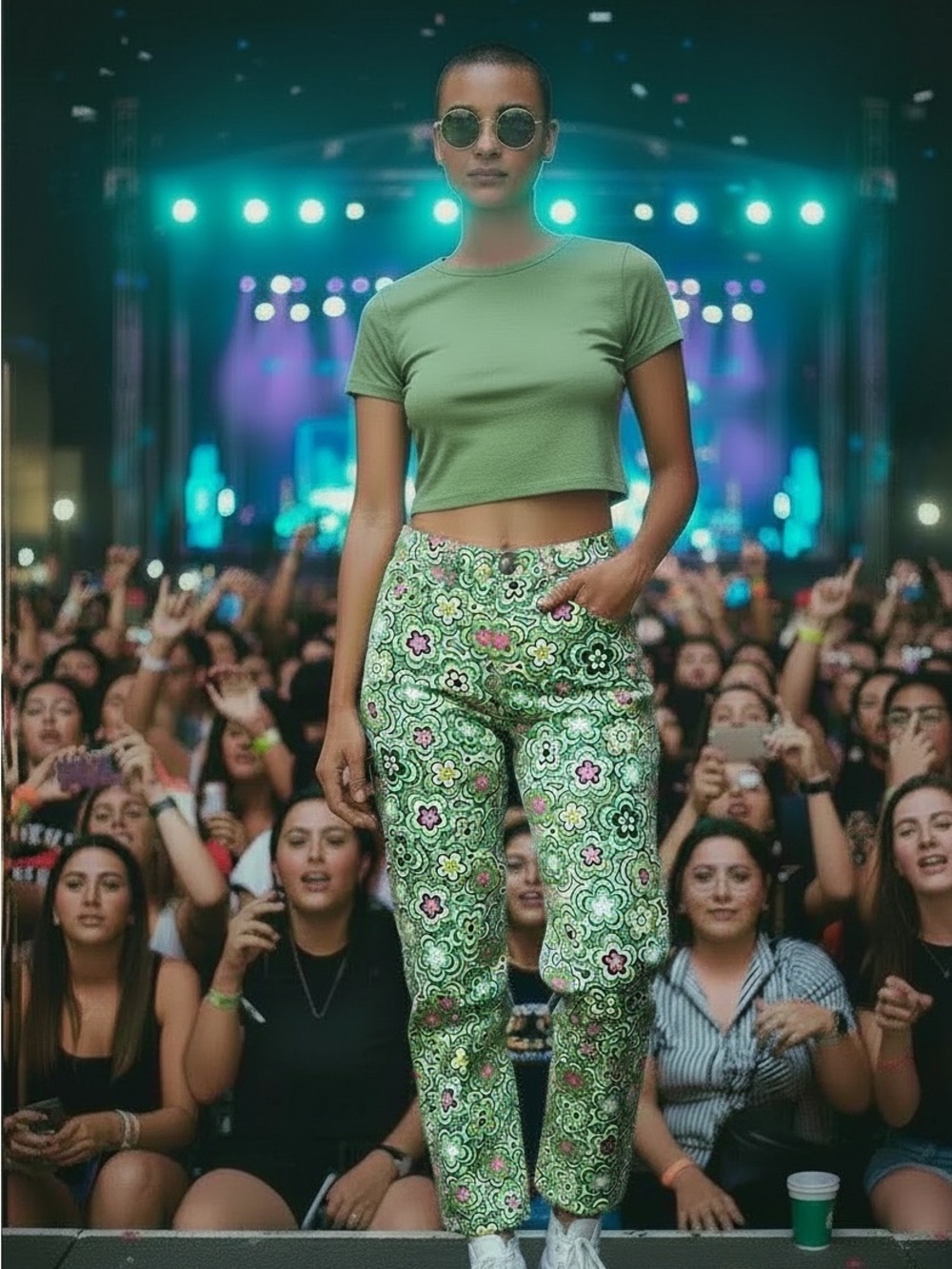 70s Style Green Floral Print High Waist Straight Leg Jeans womens SMALL